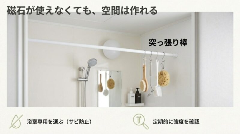 浴室の壁に突っ張り棒を渡し、S字フックで掃除用具を吊るしている様子。サビ防止のため浴室専用を選ぶ重要性を説く