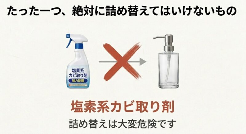 塩素系カビ取り剤のイラストと共に、「たった一つ、絶対に詰め替えてはいけないもの」「詰め替えは大変危険です」と強く警告