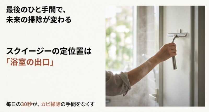 浴室のドア付近にスクイージーが掛けられている写真。「毎日の30秒が、カビ掃除の手間をなくす」というメッセージ