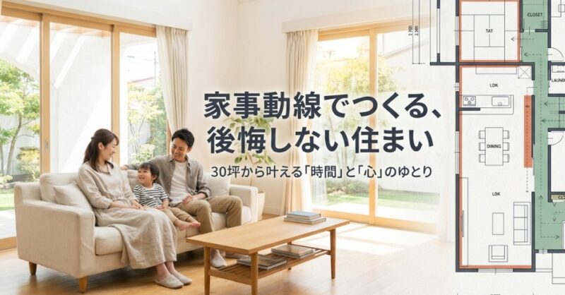 幸せそうな家族の背景と、色分けされた機能的な平屋の間取り図