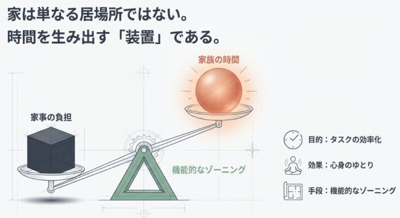 天秤の左側に重い「家事の負担」、右側に光り輝く「家族の時間」が乗り、その支点を「機能的なゾーニング」が支えている図解