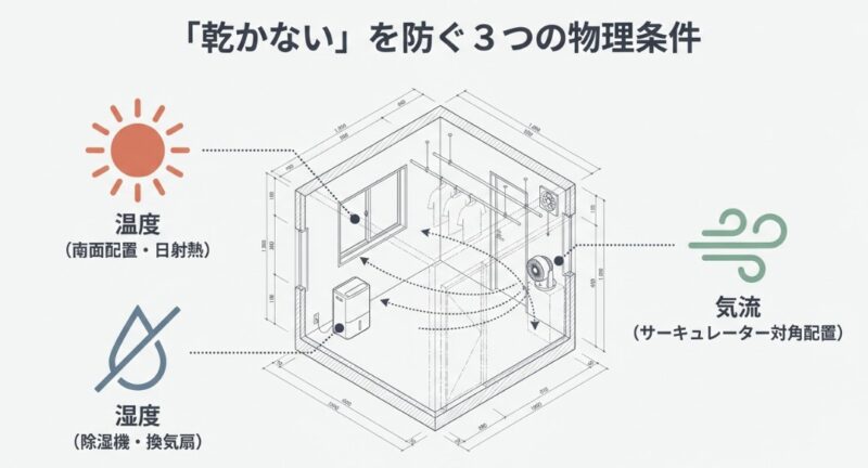 「乾かない」を防ぐために必要な、温度(南面配置)、湿度(除湿機)、気流(サーキュレーター)の3条件を解説
