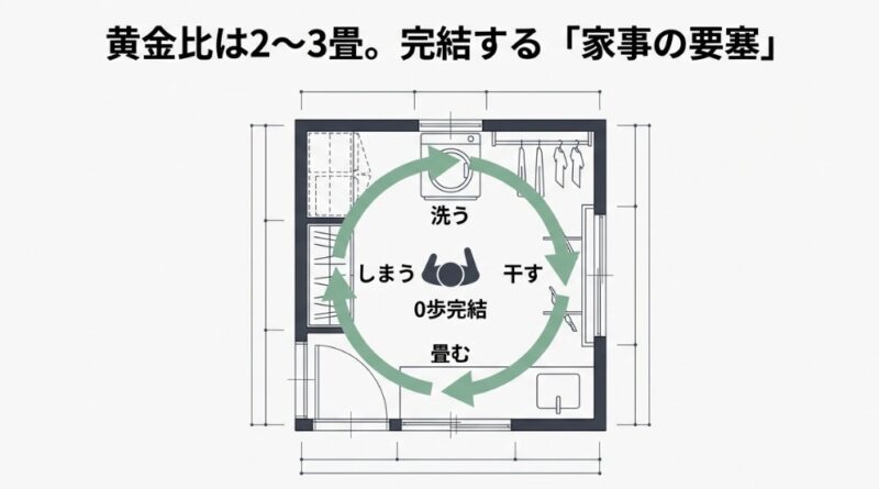 2〜3畳のスペースで「洗う・干す・畳む・しまう」が円を描くように完結する、効率的なランドリールームの動線図