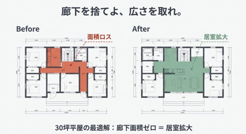 廊下による面積ロスがある間取り(Before)と、廊下を排除して居室を広げた間取り(After)を比較した30坪平屋の設計図