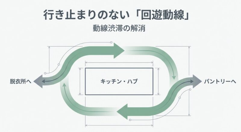 キッチン・ハブを中心に、脱衣所やパントリーへ双方向からアクセスできる、渋滞を防ぐ回遊動線の模式図