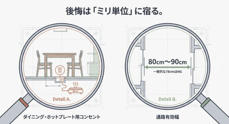 通路の有効幅を拡大鏡で示し、一般的な78cmではなく80cm〜90cmを推奨する詳細設計図