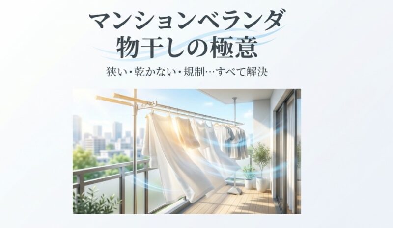 日差しが差し込むマンションのベランダで、白いシャツなどの洗濯物が物干し竿に干されているイメージ