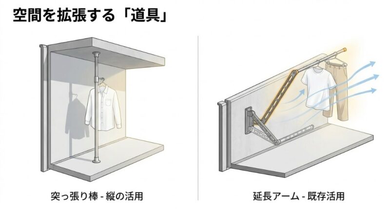 ベランダの天井と床で固定する突っ張り棒と、既存の金物に取り付ける延長アームの設置イメージ図