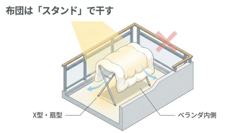 ベランダの手すりより低い位置で、X型・扇型のスタンドを使って布団を干している安全な設置例