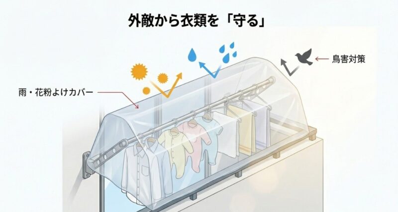 物干し竿に設置して雨や花粉、鳥のフン害から衣類を守る保護カバーのイメージ