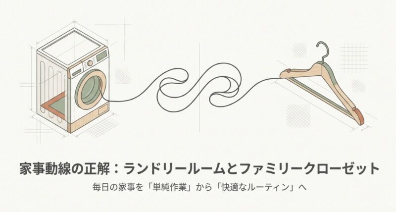 洗濯機からハンガーへつながる一本の線を描いた、効率的な家事動線のイメージイラスト