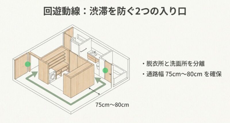 脱衣所と洗面所を分離し、2つの入り口を設けた回遊動線の間取り図。通路幅75cmから80cmの確保を推奨