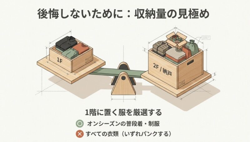 1階にはオンシーズンの服を厳選し、2階や納戸と収納量を使い分けることでパンクを防ぐ考え方の図解