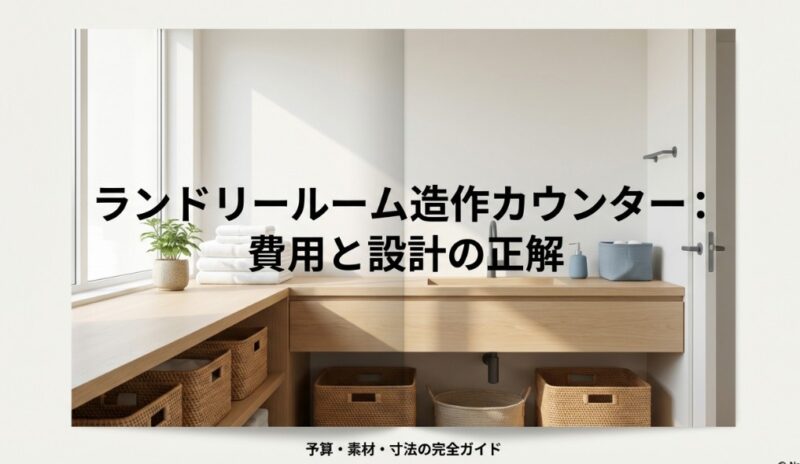 ナチュラルな木目調の造作カウンターが設置された明るいランドリールームのイメージ画像