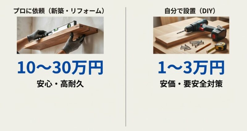 プロに依頼する場合(10〜30万円、高耐久)とDIYの場合(1〜3万円、要安全対策)の費用感とメリット・デメリットを比較した図