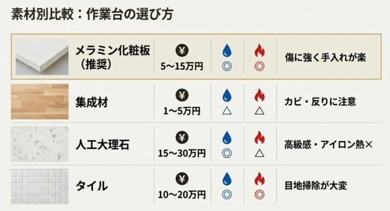 メラミン化粧板、集成材、人工大理石、タイルの4種類について、費用目安と特徴(傷への強さやカビへの注意点など)をまとめた比較表