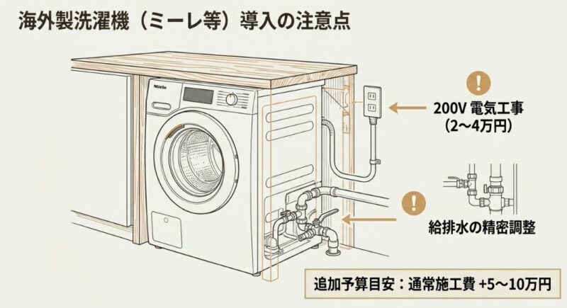 海外製洗濯機をカウンター下に収める際の200V電気工事や給排水の精密調整、追加予算の目安(5〜10万円)を解説