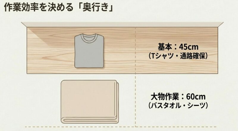 基本的な作業(Tシャツなど)には45cm、大物作業(シーツなど)には60cmの奥行きが適していることを解説した図
