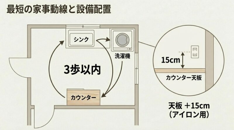 シンク・洗濯機・カウンターを3歩以内で移動できる間取り図と、アイロン用コンセントを天板から+15cmの高さに設置する推奨案