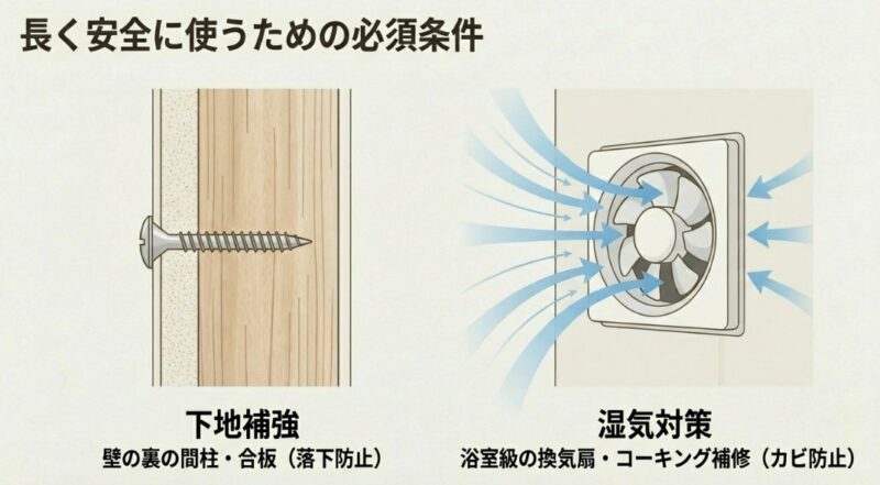 カウンター落下防止のための壁の下地補強(間柱・合板)と、カビ防止のための換気扇・コーキング対策の重要性を示す図解