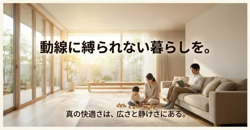 「動線に縛られない暮らしを。」というメッセージが書かれた結びのスライド。真の快適さは、単なる効率性ではなく、広さと静けさにあるという結論をまとめた画像。