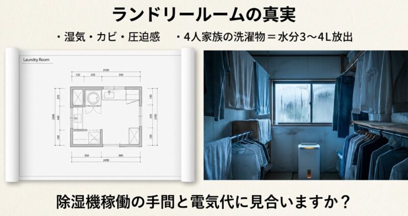 湿気で窓が曇り、洗濯物が密集して干されているランドリールームの画像。4人家族で1日3〜4Lもの水分が放出される現実と、除湿機のコストについて問いかけるスライド。