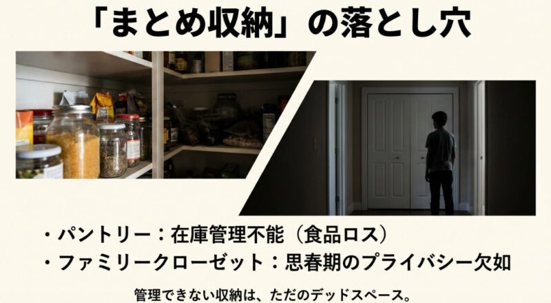 物が溢れて在庫管理ができなくなったパントリーと、暗いクローゼットの前に立つ人物の画像。管理できない収納はデッドスペースになり、思春期のプライバシー欠如にも繋がることを警告する内容。