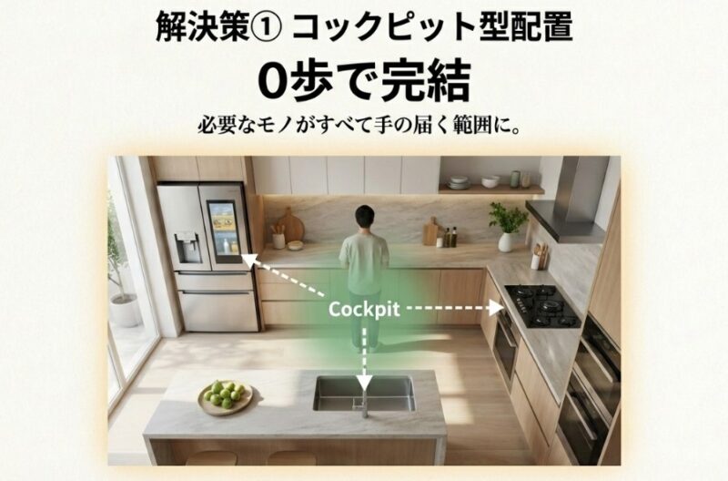 L字型キッチンの中心に立つ人物が、一歩も動かずに冷蔵庫、シンク、コンロのすべてに手が届く「コックピット」のような効率的配置を示すイメージ画像。