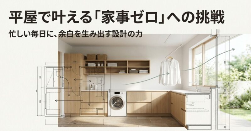 「忙しい毎日に、余白を生み出す設計の力」というキャッチコピーと共に、キッチンからランドリースペースへと続く効率的な設計の断面図が描かれています