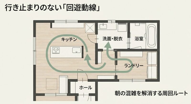 キッチン、洗面・脱衣、ランドリー、ホールを円を描くように一周できる「朝の混雑を解消する周回ルート」の間取り図