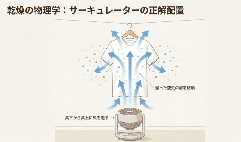 洗濯物の真下から真上に風を送り、衣類の周りの「湿った空気の層を破壊」して乾燥を促す物理学に基づいた配置図