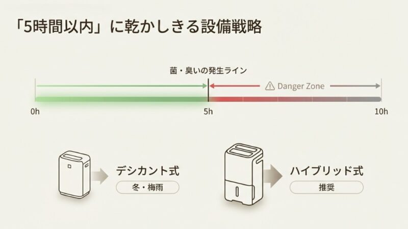 洗濯後5時間を超えると菌・臭いが発生する「Danger Zone」に入ることと、冬や梅雨に強いデシカント式や推奨されるハイブリッド式除湿機の使い分けを示した図