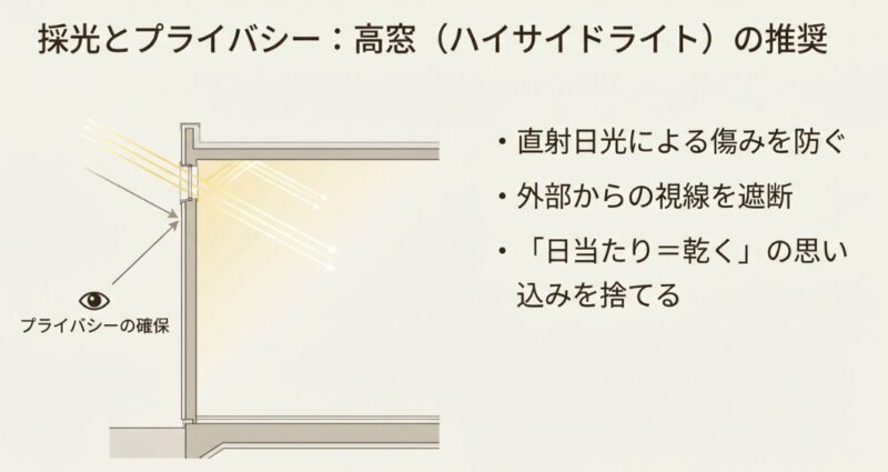 外部からの視線を遮断しつつ光を取り込み、直射日光による衣類の傷みを防ぐ高窓の設計メリットを解説する断面図