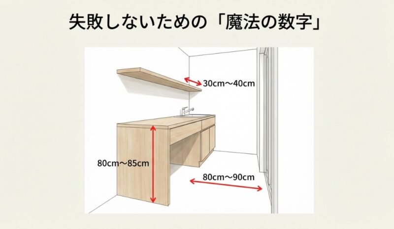 作業台の高さ(80cm〜85cm)、通路幅(80cm〜90cm)、棚の奥行き(30cm〜40cm)といった、使いやすさを左右する具体的な寸法計画の図解