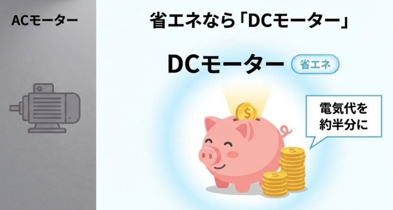 省エネ性能に優れたDCモーターが、従来のACモーターに比べて電気代を約半分に抑えられることを示す