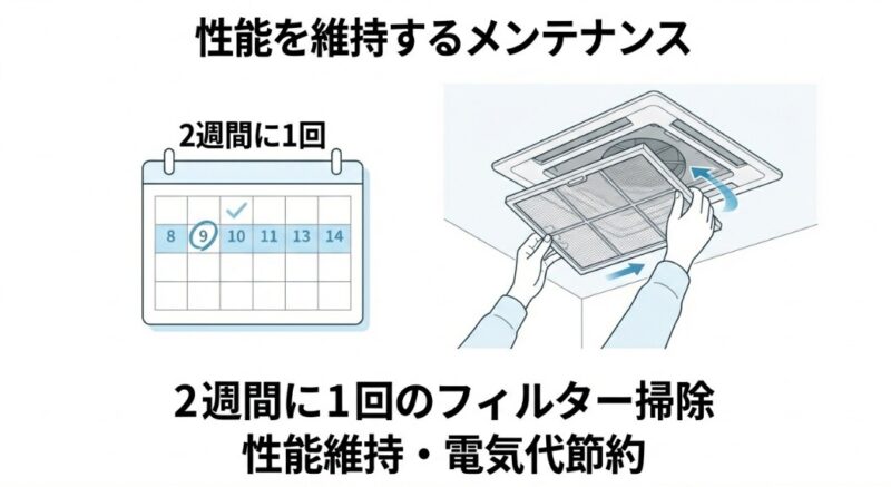 2週間に1回のフィルター掃除を推奨するカレンダーと、換気扇からフィルターを取り外すメンテナンス手順
