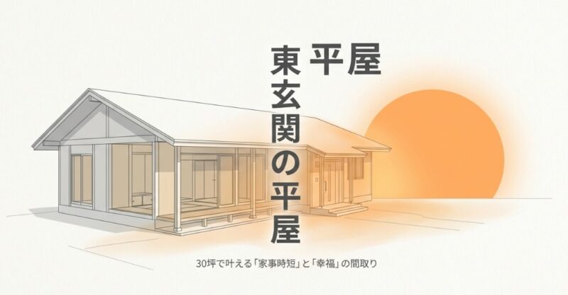 30坪で叶える家事時短と幸福の間取り、東玄関の平屋の外観イメージイラスト