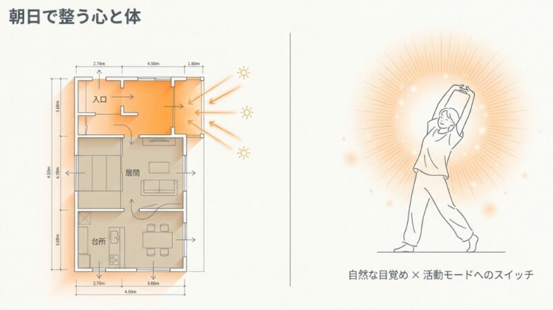 東玄関から朝日が入り、居間や台所へ光が届く間取り図のシミュレーション