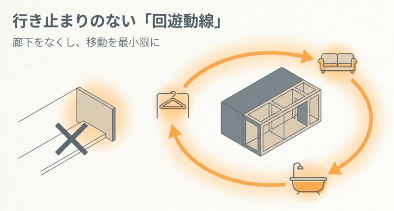 廊下をなくし移動を最小限にする行き止まりのない回遊動線の概念図