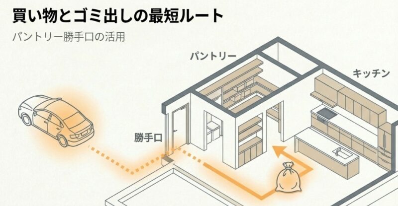 キッチン、パントリー、勝手口を繋ぎ、買い物とゴミ出しを最短距離にする動線図