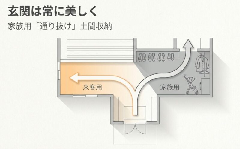 来客用と家族用の動線を分けた通り抜け土間収納の間取り図