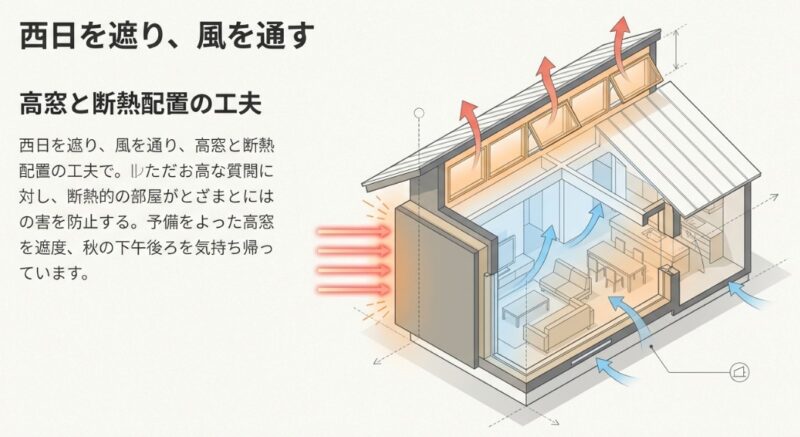 西日を遮り風を通す高窓と断熱配置の工夫を示した断面図