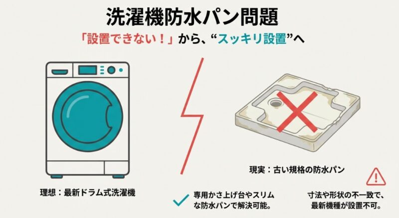 最新のドラム式洗濯機と古い規格の防水パンの対比。寸法不一致で設置不可な現状と、かさ上げ台等で解決可能なことを示す図解