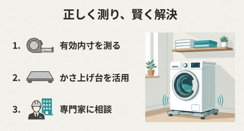 1.有効内寸を測る、2.かさ上げ台を活用、3.専門家に相談、という解決のための重要ステップをまとめた図