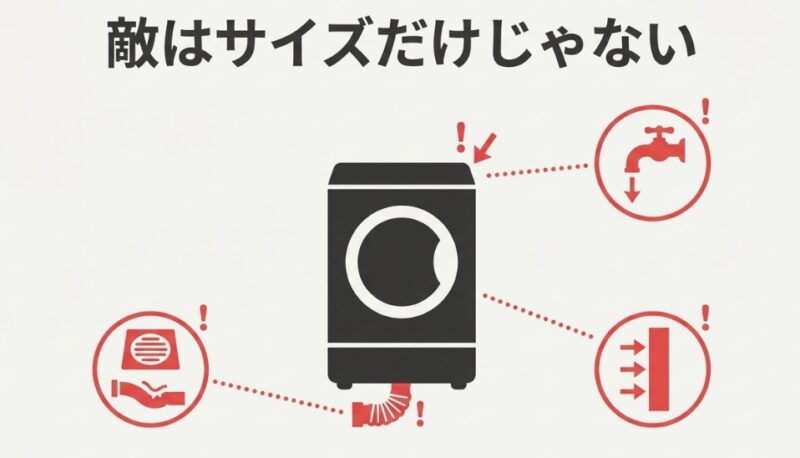 洗濯機本体だけでなく、蛇口の高さ、壁との距離、排水口の位置やホースの折れ曲がりに注意を促すアイコン付きの図解