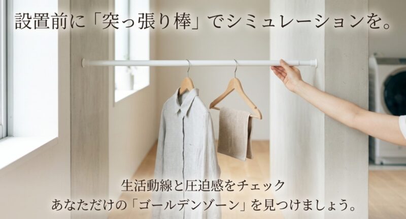 マスキングテープや突っ張り棒を使って、実際の生活動線や圧迫感を事前に確認するシミュレーション方法