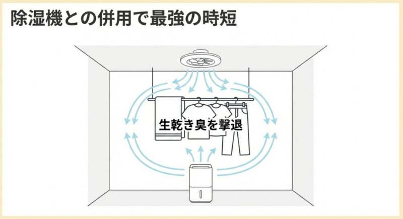 除湿機で湿気を取り、サーキュライトの直進的な風で衣類の間を乾燥させることで、生乾き臭(モラクセラ菌)の増殖を抑制する仕組み