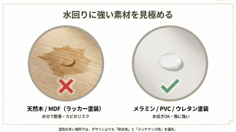 耐水性の高いPVCや耐熱・耐傷性に優れたメラミン素材、人工ラタンの選び方