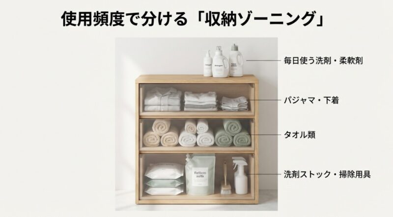 1段目（下着・パジャマ）、2段目（タオル）など、家事動線と連動させた収納の分け方