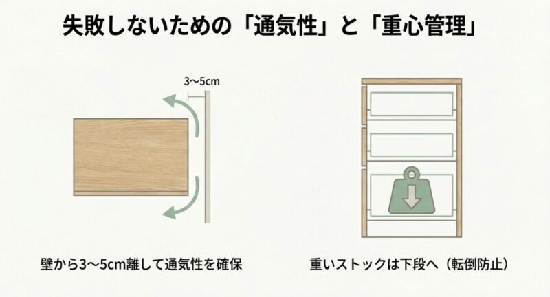 湿気対策（隙間）、耐荷重（重心）、メンテナンス性の3大ポイント
